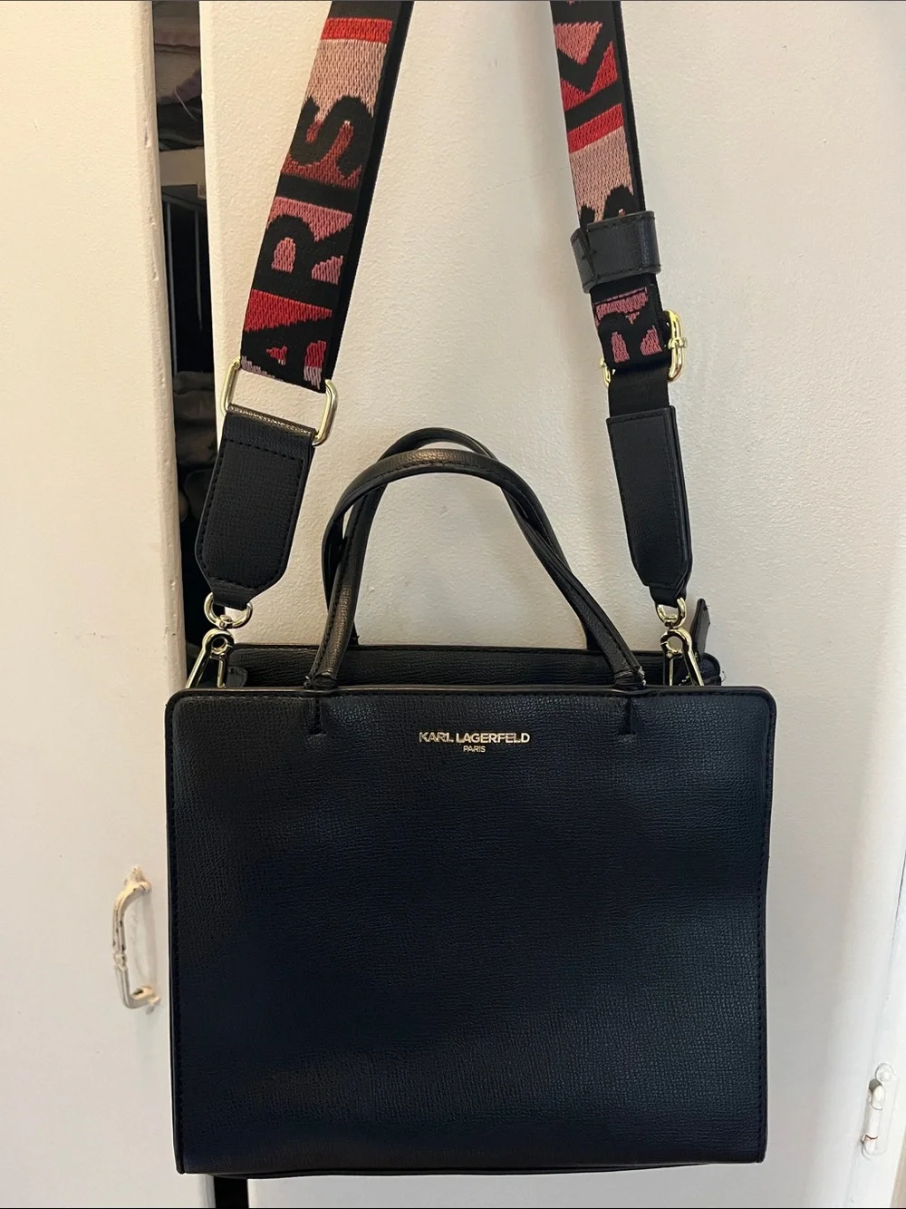 Karl Lagerfeld Black Leather Briefcase with Detachable Logo Strap